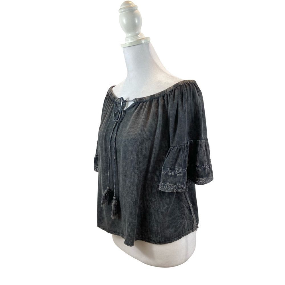 Paper Crane Black Grey Mineral Wash Boho Peasant Blouse Size Small